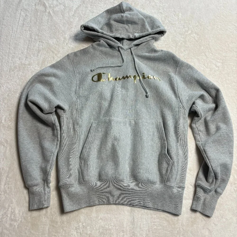 Champion Mens Reverse Weave Hoodie Small‎ Pullover Grey with Gold Lettering